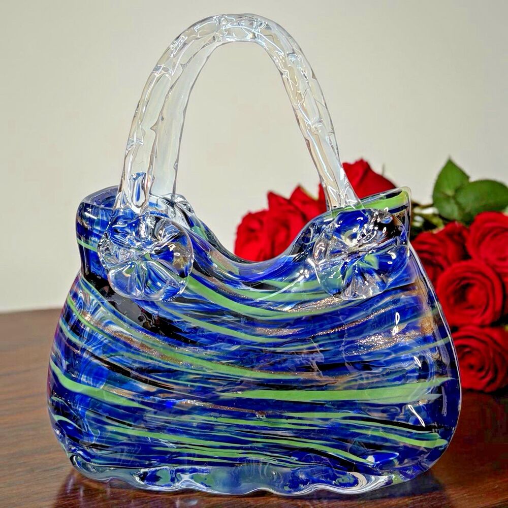 Vintage Handblown Glass Purse Handbag Blues/Greens/Blacks/Golds Murano Style